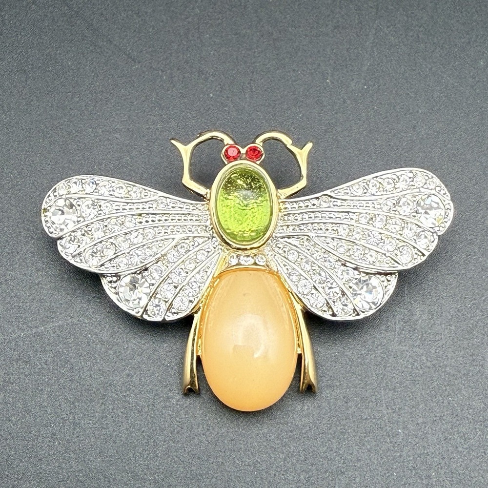 Vintage Style Inc Jelly Belly Bee Brooch Gold Tone Pave Crystal Wings 2"